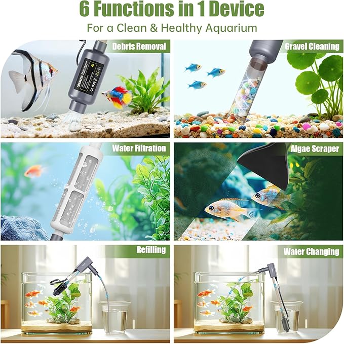 Cordless Aquarium Vacuum Gravel Cleaner: 6-in-1 Electric Fish Tank Cleaner, 36W Rechargeable & 650GPH Strong Suction Automatic Water Changer, Touch Control, Fits 5–150 Gallon Tanks