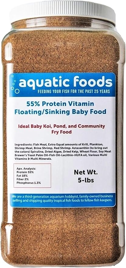 55% Protein Vitamin Rich Micro Floating/Slow Sinking Baby & Fry Food for Koi Fish & Pond Fish, All Aquarium Tropical Fish - 5-lb Large Jar