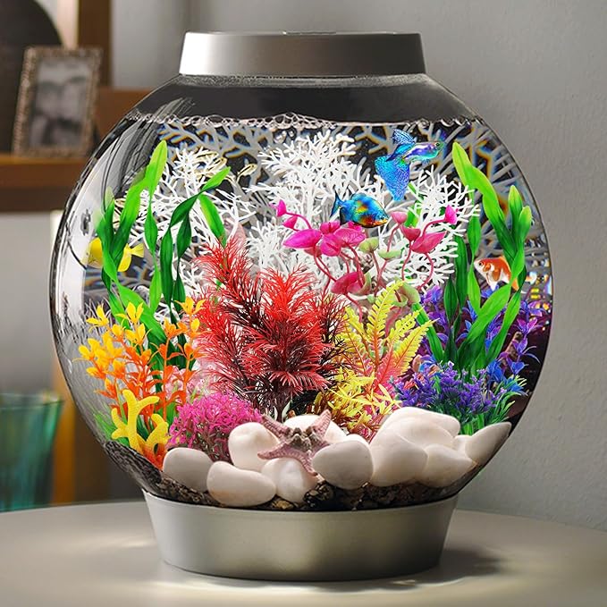 QUOZUO Aquarium Decorations Plants with Resin Coral, 12 pcs Fish Tank Accessories, Fish Tank Decorations Small Plants Plastic, Aquarium Decor Artificial Plant