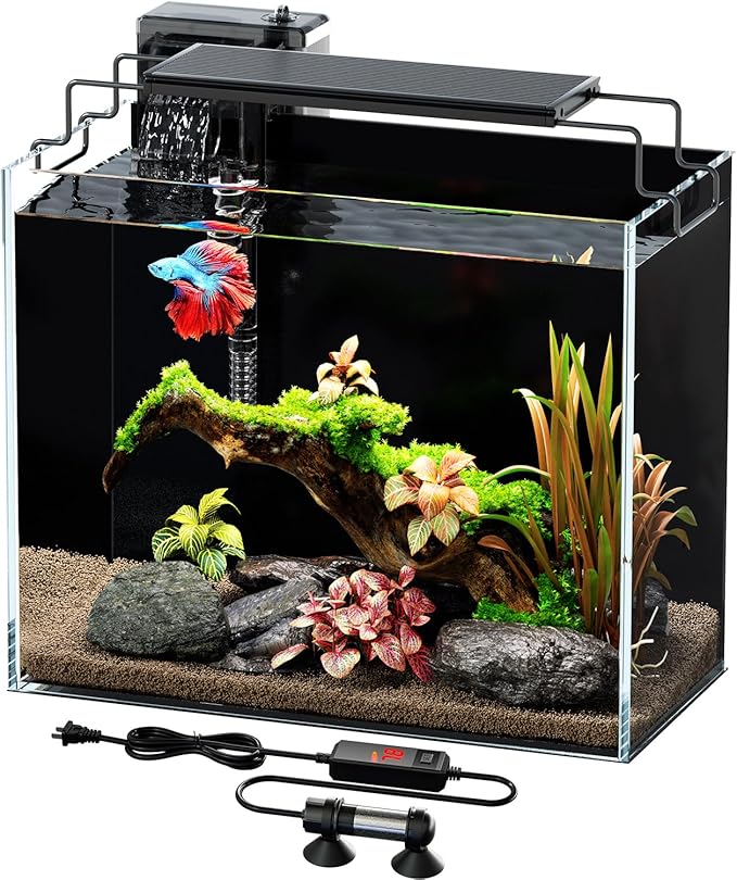 3 Gallon Fish Tank Aquarium Kit with Heater, HOB Filter, LED Light with Timer, Lid, Siphon Vacuum Cleaner, Self Cleaning Glass Rimless Betta Tank