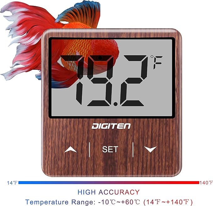 Digital Aquarium Thermometer, Fish Tank Thermometer with Large LCD Display, No Wires, Accurate Reading, Walnut Aquarium Thermometer
