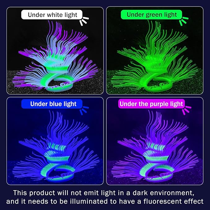 Soft Silica Gel Moves Naturally with Water Flow, Aquarium Decorations Glow in The Dark, Glowing Coral Ornaments for Fish Tank Decorations (Purple, Anemone)