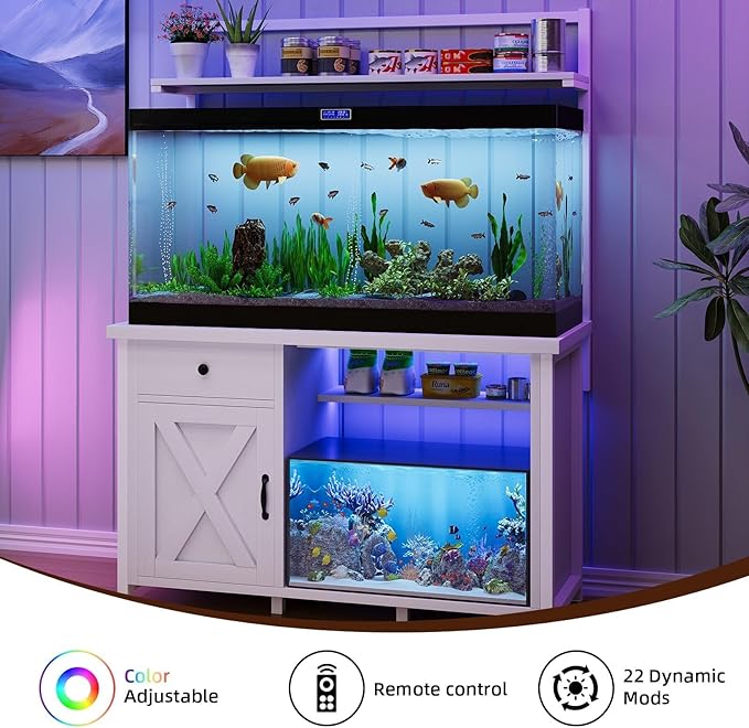 55-75 Gallon Fish Tank Stand with Power Outlet, Led Light, Heavy Duty Aquarium Stand with Cabinet for Fish Tank Accessories Storage, Shelf, for Turtle Tank, Reptile Terrarium, 1100 LBS (White)