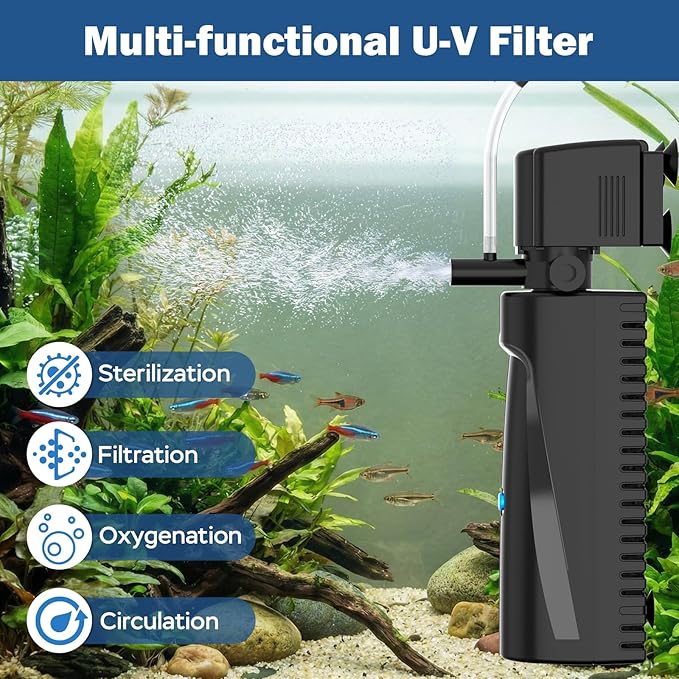 Aquarium U-V Filter for Green Water, Fish Tank Filter with U-V Light & Timer, Turtle Tank Filter with Dual Outlet & Aeration, for 20-70 Gallon Freshwater & Saltwater