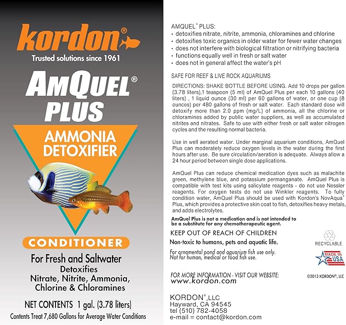 Kordon AmQuel Plus Aquarium Water Conditioner - Instantly Detoxifies Ammonia, Nitrite, Nitrate, and Chlorine Remover for Freshwater & Saltwater Aquariums, 1 Gallon