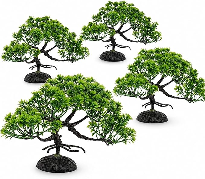 LOGOFUN 4 Pcs Aquarium Bonsai Tree Artificial Water Plant Fish Tank Decorations (Deep Green)