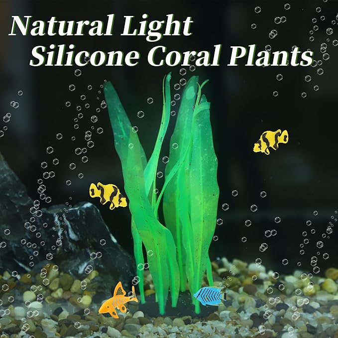 Aquarium Glowing Kelp Plant, Soft Silicone Glowing Fish Tank Decorations, Fluorescence Coral Decor for Aquarium Decor Green 2pcs
