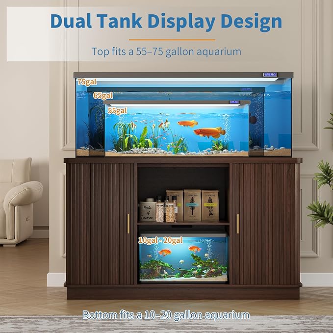 Fish Tank Stand, 75 Gallon Tank Stand with Sliding Cabinet Door, Heavy Duty Aquarium Stand with Power Outlet for Turtle Tank, Reptile Terrarium, 1000LBS Capacity (Walnut)