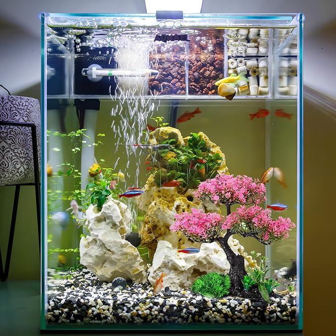 Milisten Artificial Aquarium Plants, Plastic Fish Tank Plants, Tall Fish Tank Decorations, Pink Cherry Blossom Tree Greenplant, Aquarium Decor Goldfish Betta Hides Accessories