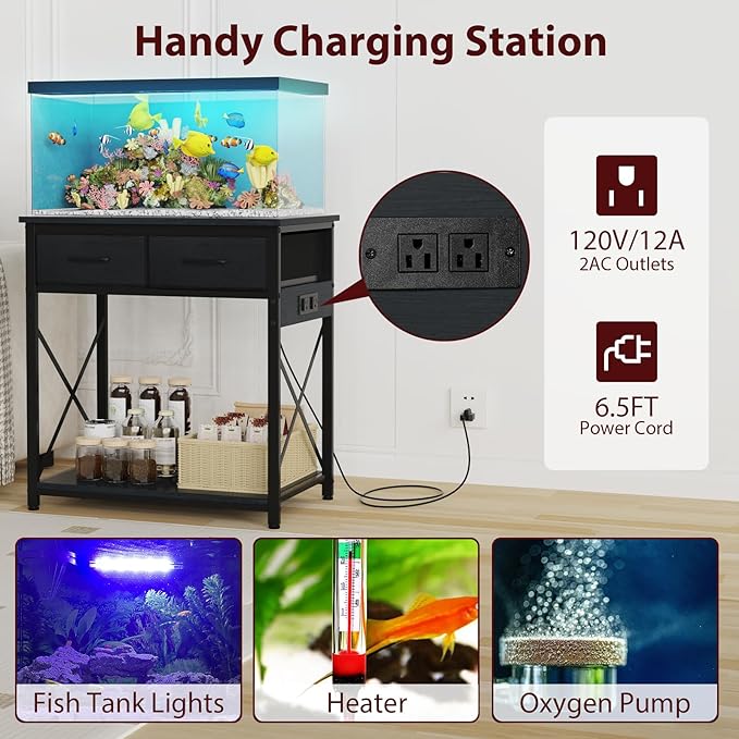 20-29-37 Gallon Fish Tank Stand with Power Outlet, Heavy Duty Metal Aquarium Stand with Two Storage Drawers for Fish Tank Accessories Storage, Perfect for Turtle Tank, Reptile Terrarium, Black