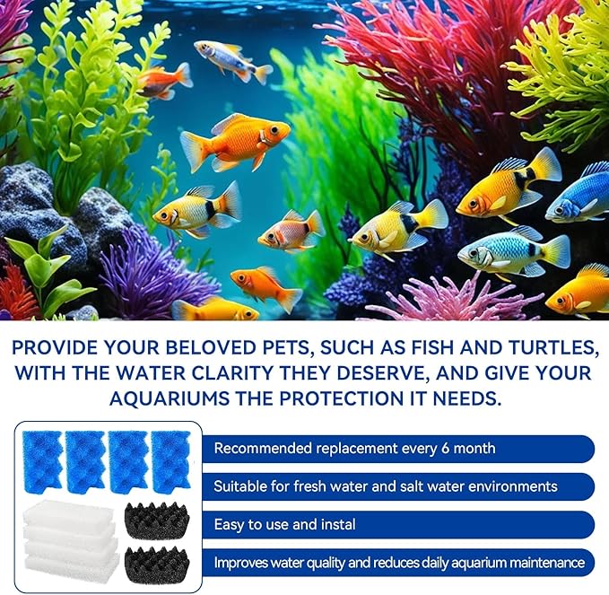 10 Pack Bio Foam Compatible with Fluval 106 & 107 Canister Filter, Filter Sponge Replacement Aquarium Filter Media for Biological Filtration, Including Blue White Black Filter Media Replacement Kit
