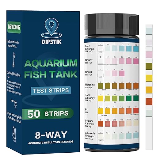 Aquarium Ammonia Test Strips, 8-Way Aquarium Test Kit for Freshwater Saltwater,50 Strips Fish Tank Pond Test Strips,Test Nitrate, Nitrite, Chlorine,Hardness,Alkalinity, Carbonate, Ph