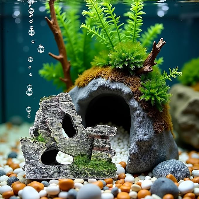 Artificial Moss Rock Aquarium Stone Cave – Resin Fish Tank Decor for Hiding and Landscaping, Small Mountain Terrain Ornament, Natural-Looking Habitat for Fish, Shrimp, and Reptiles, Decoration