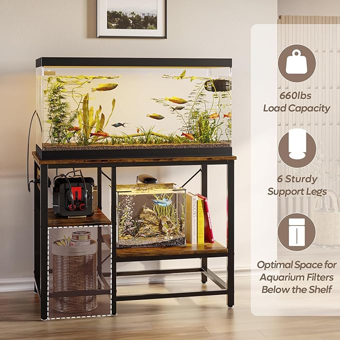 Bestier 40-50 Gallon Fish Tank Stand with Power Outlet, 36x19 Metal Aquarium Stand with Filter Storage, 6-Leg Reptile Tank Stand with 3-Tier Adjustable Storage Shelves, 660LBS Capacity