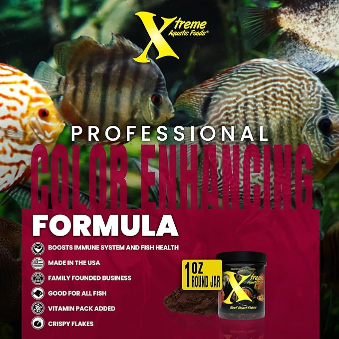 Xtreme Beef Heart Flakes - High Protein, Nutrient-Dense for Tropical & Freshwater Fish, Supports Growth, Color Enhancement, Easy Digestion - Ideal for Discus and Cichlids (1oz)
