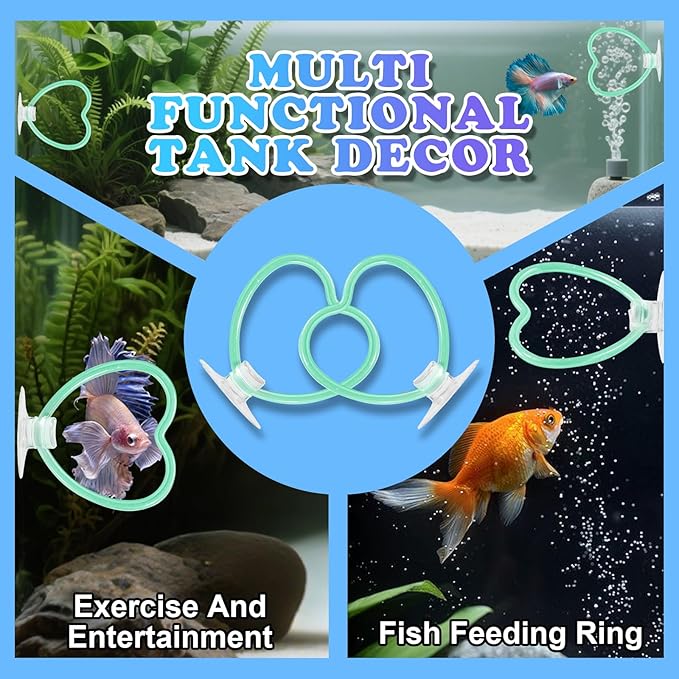 Betta Fish Toys, 2 PCS Heart Fish Exercise Ring and Nitrifying Balls Set, Heart Betta Mirror Toy Set, Feeding Ring with Suction Cup, Fishing Tank Accessories for Gifts (Green)