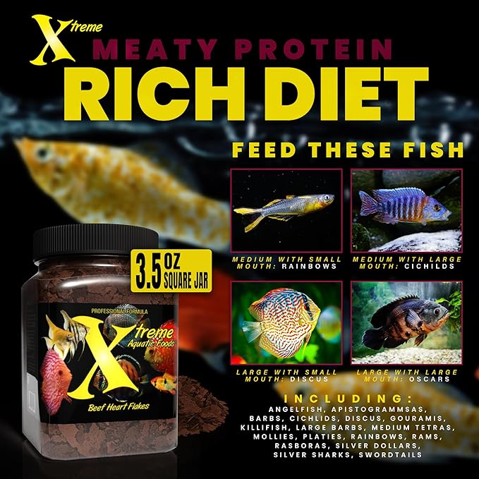 Xtreme Beef Heart Flakes - High Protein, Nutrient-Dense for Tropical & Freshwater Fish, Supports Growth, Color Enhancement, Easy Digestion - Ideal for Discus and Cichlids (3.5oz)