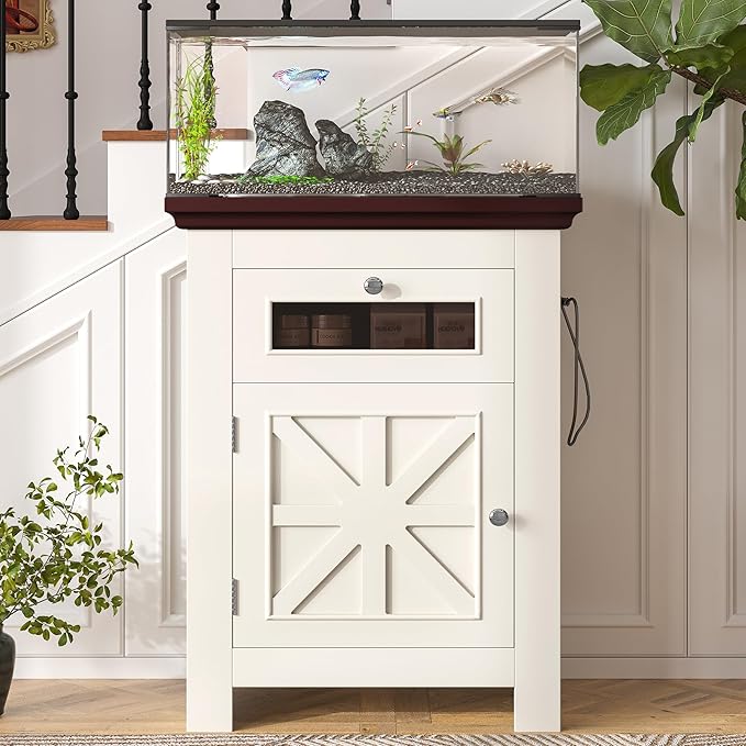 10-15 Gallon Fish Tank Stand, Farmhouse Aquarium Stand with Power Outlets, Storage Cabinet and Drawer, Wood Fish Tank Table for Reptile/Turtle/Terrarium Tank, 198LBS Capacity, Beige