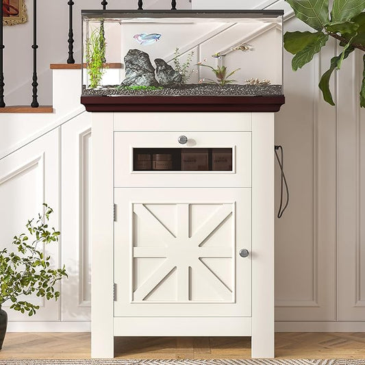 10-15 Gallon Fish Tank Stand, Farmhouse Aquarium Stand with Power Outlets, Storage Cabinet and Drawer, Wood Fish Tank Table for Reptile/Turtle/Terrarium Tank, 198LBS Capacity, Beige