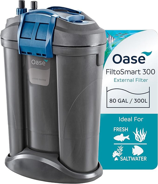 Oase FiltoSmart 300 Canister Filter for Aquariums – Quiet, Space-Saving External Filter with Multi-Stage Filtration, No-Mess Maintenance, for Freshwater & Saltwater Tanks Up to 80 Gallons