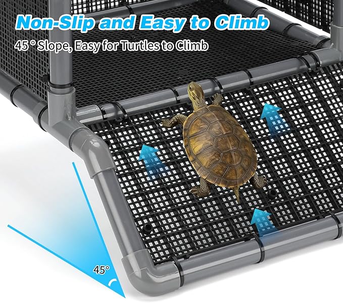 SKARUS Turtle Basking Platform with Anti-Escape Metal Top Mesh – Adjustable Height (9.8"-16.3") Suspended Aquarium Turtle Dock with Climbing Ramp, Large Resting Area for 65-150 Gallon Tanks