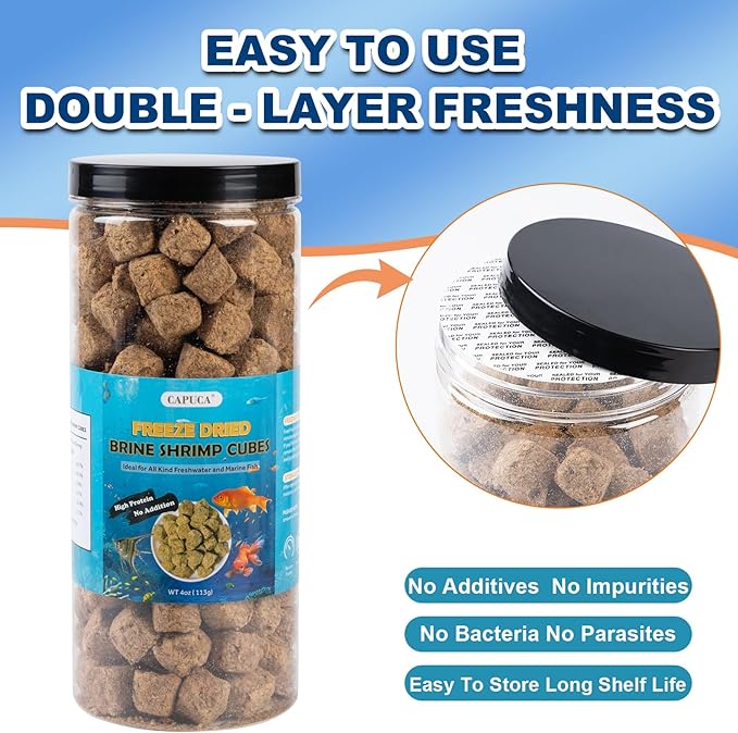 Freeze Dried Brine Shrimp Cubes -100% Pure High Protein Fish Food for Tropical, Marine & Freshwater Fish, Aquatic Turtles (4oz)