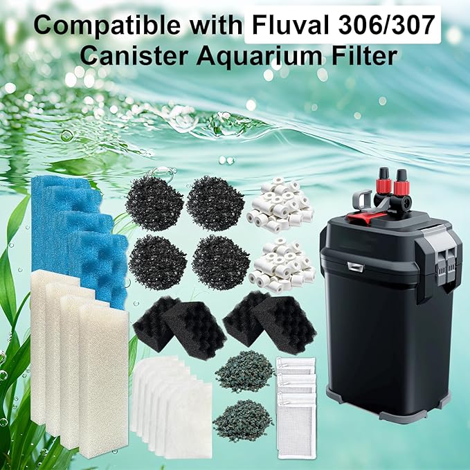 44-Piece Aquarium Maintenance Media Kits Replacement for Fluval 306/307 Performance Canister Filter - Includes Carbon, Ammonia-Absorbing Pad, Sponges（2 Sets）