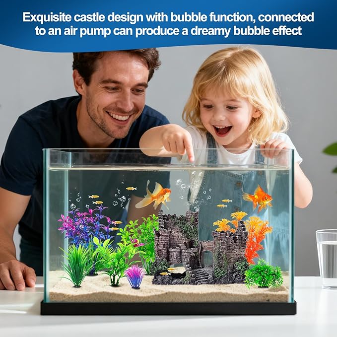 CousDUoBe Aquarium Decor Castle Fish Tank Bubbler Set Aquarium Plants for Aquatic Pets to Breed Play and Rest Fish Decorations for Tank