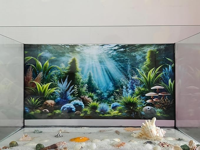 Fantasy Water Plants Aquarium Background Blue Green Plants Fish Tank Background 30x18 Inches PVC Glass Container Decoration with Tapes