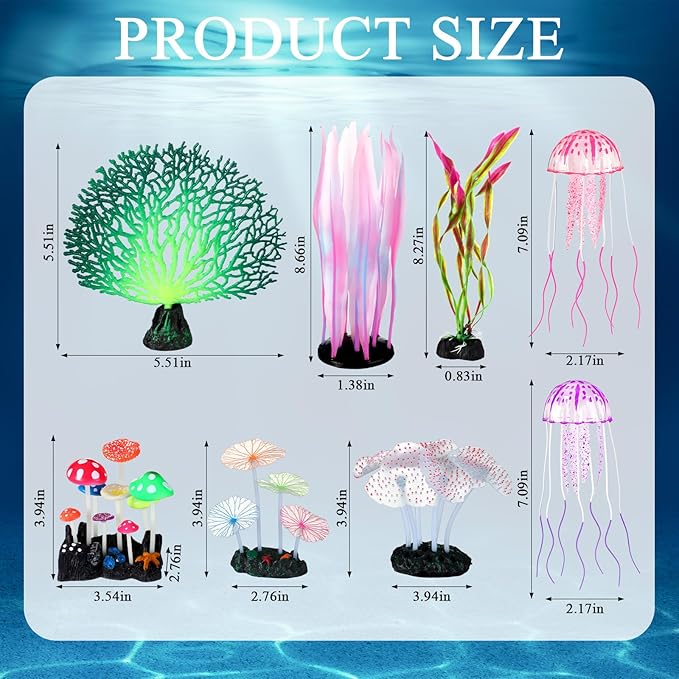 Frienda 8 Pieces Glowing Effect Fish Tank Decorations Artificial Plants with 2 Style Glowing Kelp, Sea Anemone, Simulation Coral, Jellyfish, Lotus Leaf, Mushroom for Aquarium Ornament(Purple, Pink)
