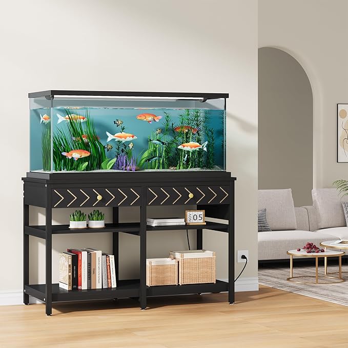40-50 Gallon Aquarium Stand, Fish Tank Stand with Power Outlets and Drawers, Heavy Duty Metal Reptile Tank Stand for Turtle, 911LBS Capacity, Black (No Aquarium)