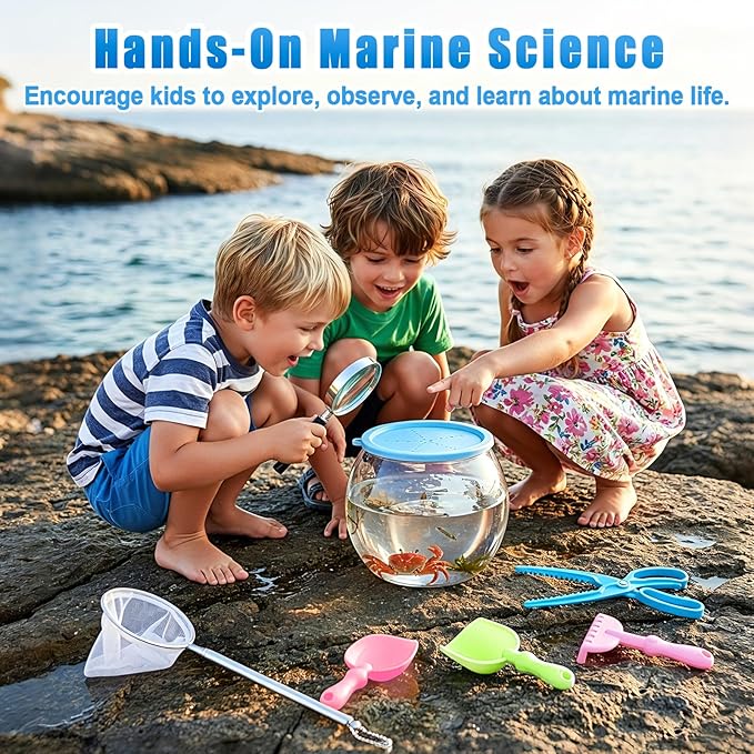 Kids Beach Exploration Kit, Catch & Release Aquarium Toy Set with Net, Crab Tongs, Sand Shovels & Clear Critter Keeper, Beach Toys for Kids Ages 2–12 (Beach, Lake, River)