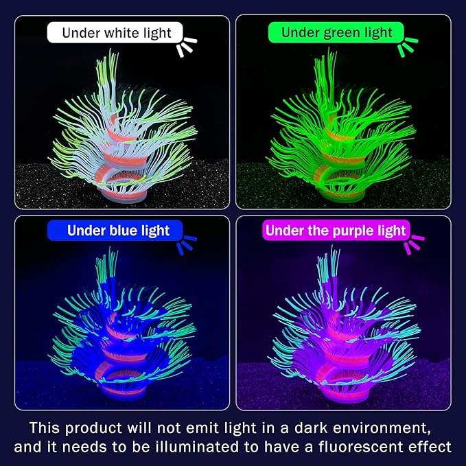 Soft Silica Gel Moves Naturally with Water Flow, Aquarium Decorations Glow in The Dark, Glowing Coral Ornaments for Fish Tank Decorations (Green, Anemone)