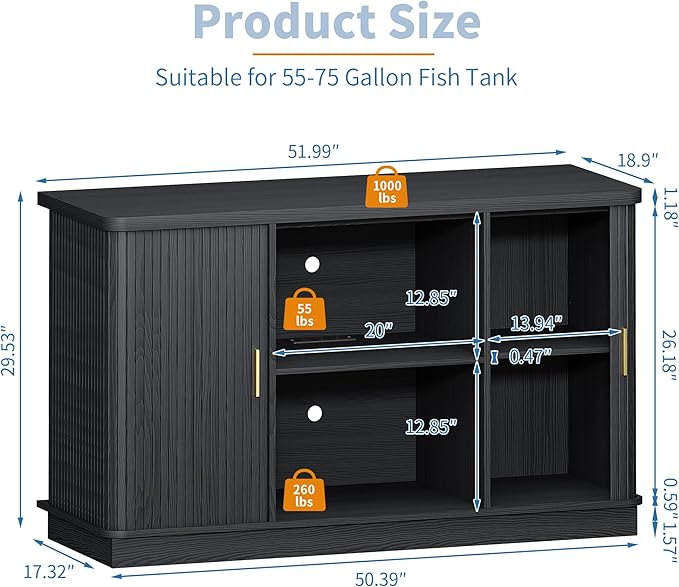 Fish Tank Stand, 75 Gallon Tank Stand with Sliding Cabinet Door, Heavy Duty Aquarium Stand with Power Outlet for Turtle Tank, Reptile Terrarium, 1000LBS Capacity (Black)