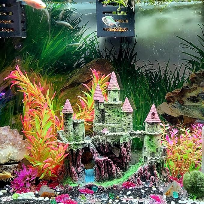 Aquarium Castle Decorations, Resin Castle for Fish Tank with Randomly Color Plants Decor Accessories for Freshwater and Saltwater Fish Tanks (Pink)