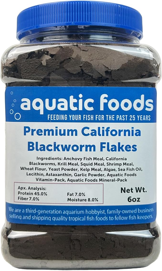 California Blackworm 45% Protein Premium Flakes for Discus, Cichlids, All Tropical Fish Also Pellet Mix, Wafer Mix Included…6oz