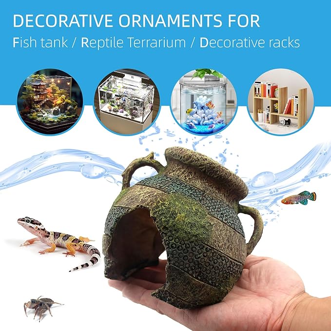 relaqcc Aquarium Decor Ruins Leaning Vase Hideaway Cave, Betta Fish Tank Accessories for Goldfish, Shrimp, Conch, Cichlid