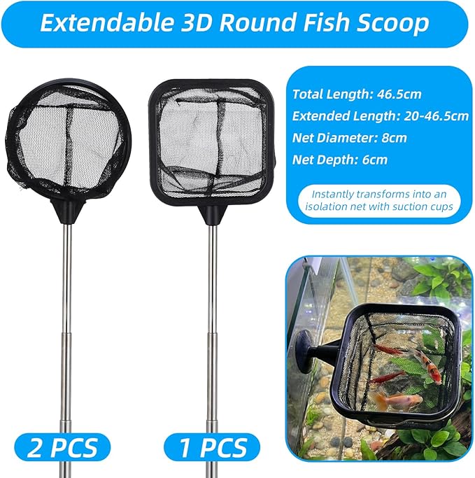 Aquarium Shrimp Net, 3 PCS Small Fish Nets for Fish Tank with Long Extendable Stainless Steel Handle, 3.15 Inch Round+Square Fine Mesh Net for Fishes Shrimp Tank Pond Creek Food Residue Debris