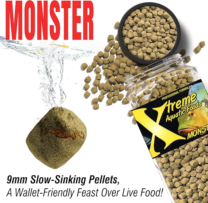 Xtreme Monster 9.0mm Pellets – Slow Sinking & Ideal for Large Cichlids, Monster Fish & Voracious Eaters – Boost Immune & Digestive Health, Max Marine Protein Fish Food – USA Farm Grown (18oz)