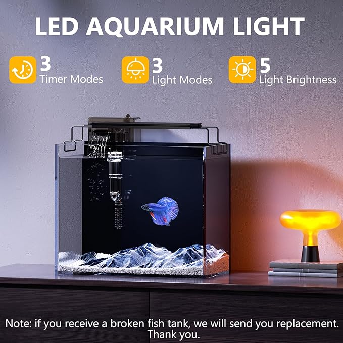 3 Gallon Fish Tank Aquarium Kit with Heater, HOB Filter, LED Light with Timer, Lid, Siphon Vacuum Cleaner, Self Cleaning Glass Rimless Betta Tank