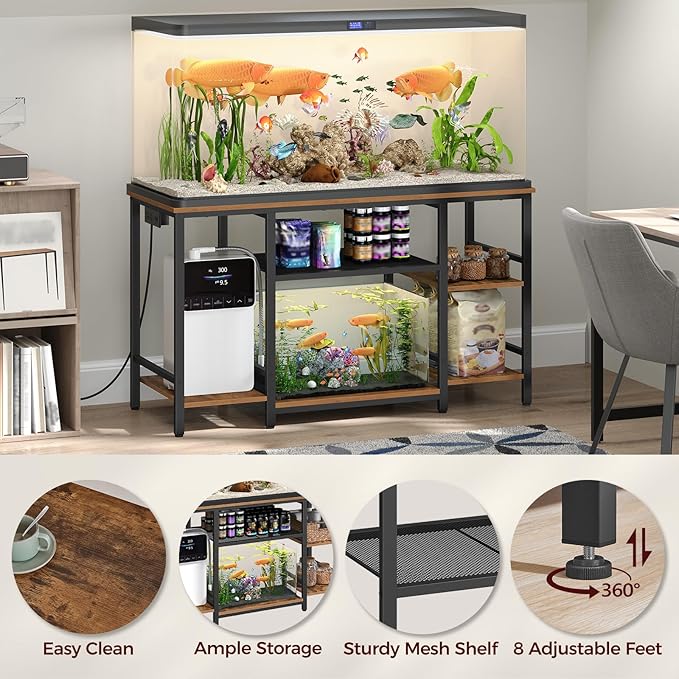 MAHANCRIS 55-75 Gallon Fish Tank Stand with Power Outlet, 3-Tier Metal Frame Aquarium Stand, Heavy Duty Reptile Terrarium Tank Stand, 52.0"L x 19.7"W x 29.9"H, 800 LBS Capacity, Rustic Brown FTHR55E01