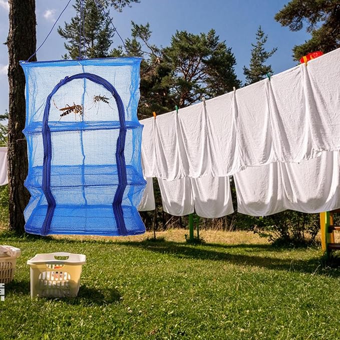 BESPORTBLE Mesh Food Drying Rack Folding Fish Drying Net 4-Layer Hanging Dryer Collapsible Dry Net with Zippers for Shrimp Fish Fruit Vegetables (66X35X35Cm)