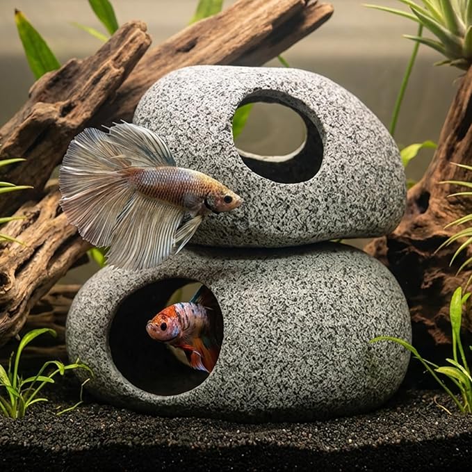 Aquarium Cave Decor - 2 PCS Natural Fish Tank Rocks for Betta Hideout and Shrimp Breeding, Hand-Polished Smooth Edges, PH Neutral, Ideal for 5-20 Gallon Tanks, Aquascaping Stone Ornaments