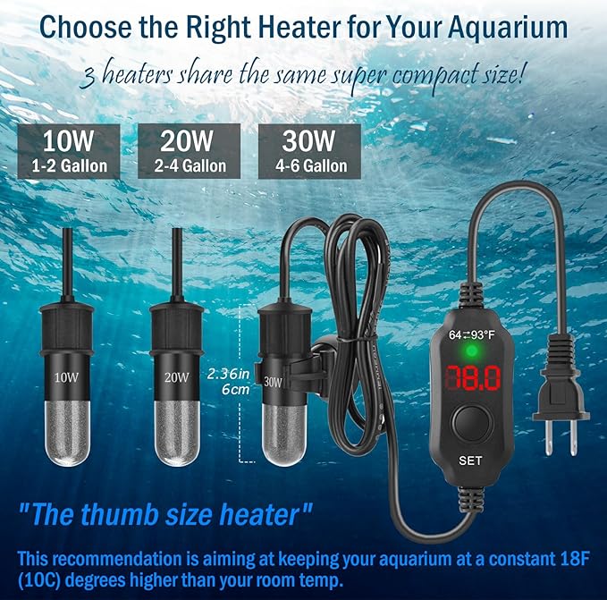 30W Mini Aquarium Heater for 4-6 Gallon Tanks | Submersible Fish Tank Heater with Digital Thermostat, Dry-Run & Overheat Protection, Memory Function