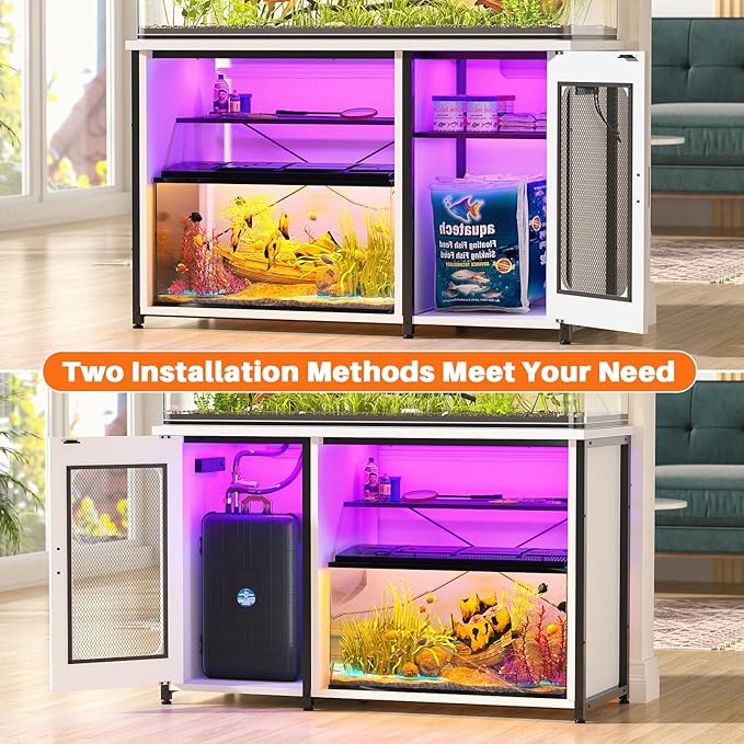 Unikito 55-75 Gallon Aquarium Stand with Power Outlets & LED Light, Reversible Fish Tank Stand with Cabinet for Fish Tank Accessories Storage, Heavy Duty Metal Frame, 880LBS Capacity, White