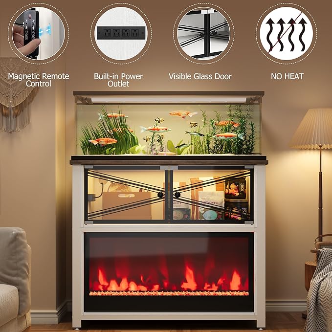 40-50 Gallon Fish Tank Stand with 20-Color LED Flames, No Heat, Metal Frame Structure Aquarium Stand, Glass Doors Storage Cabinet Holds Up to 700 LBS, Fit for Turtle Tank, Reptile Tank (White+Brown)