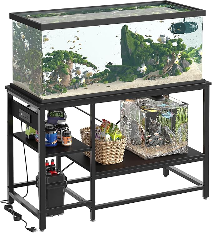 Bestier 55 Gallon Fish Tank Stand with Power Outlet, 49x13 Metal Aquarium Stand with Filter Storage, 6-Leg Long Reptile Tank Stand with 3-Tier Adjustable Storage Shelves, 700LBS Capacity, Black Oak