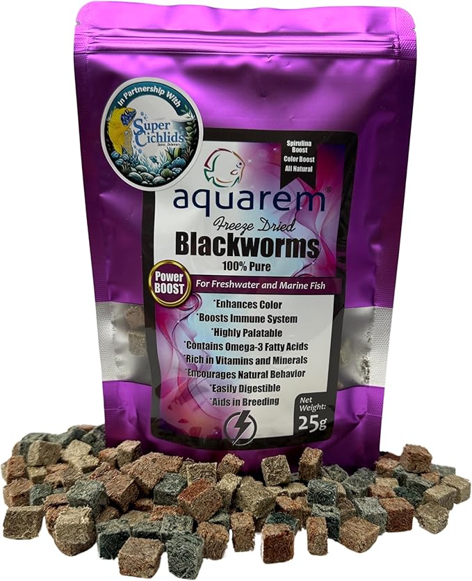 Freeze Dried Blackworms - Power Boost Mix (Spirulina, Color Boost, Natural) - Great for Marine & Tropical Tanks - High Protein, No Preservatives - Live Alternative Food (25 Grams)
