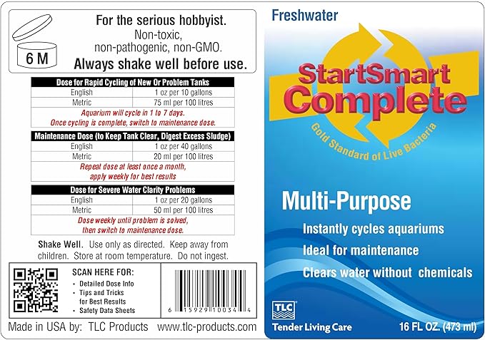 TLC Products StartSmart Complete Freshwater Aquarium Cycle Starter & Beneficial Nitrifiers, Supports Clear Water & Biofiltration, Reduces Excess Sludge, 16 oz. (473 ml)