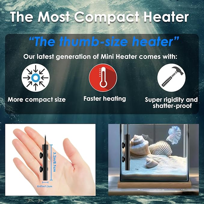 Mini Aquarium Heater 25W Super Small Fish Tank Heater with Digital Display Thermostat, Alumina Ceramic Betta Tank Heater Turtle Heater for 3-5 Gallon Tanks